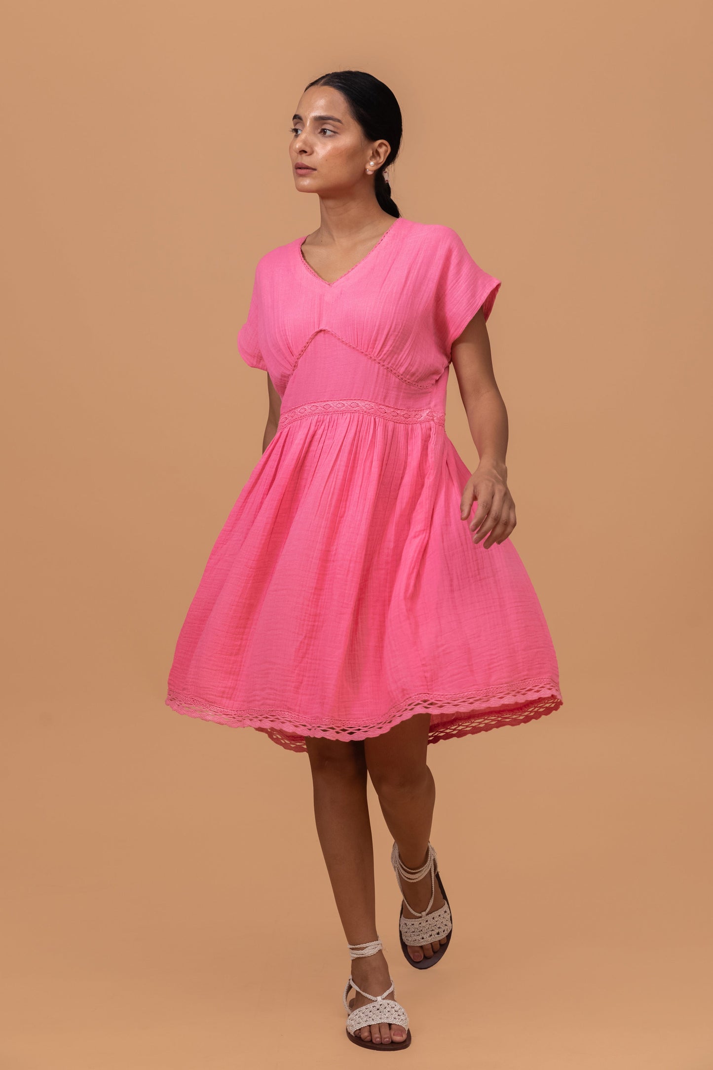 FLAMINGO PINK GOTS-CERTIFIED WRINKLE COTTON SUMMER FROCK