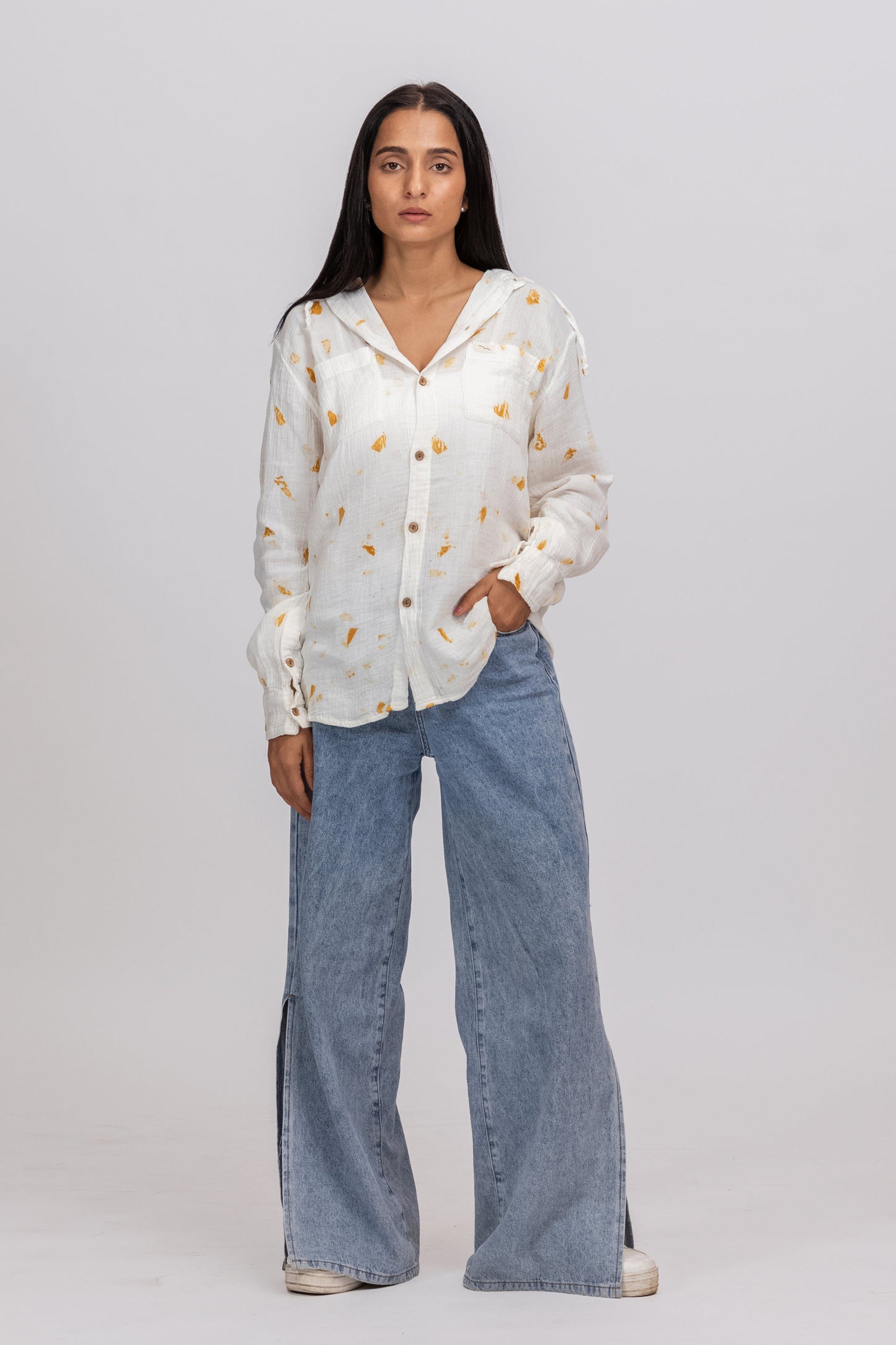 MARIGOLD ECOPRINT GOTS-CERTIFIED WRINKLE COTTON HOODIE