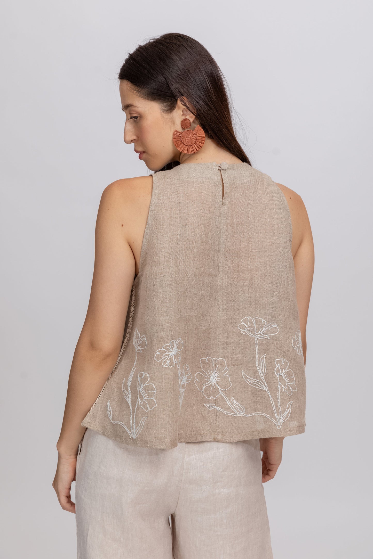 EMBROIDERED 100% PURE RAW UNBLEACHED LINEN TOP