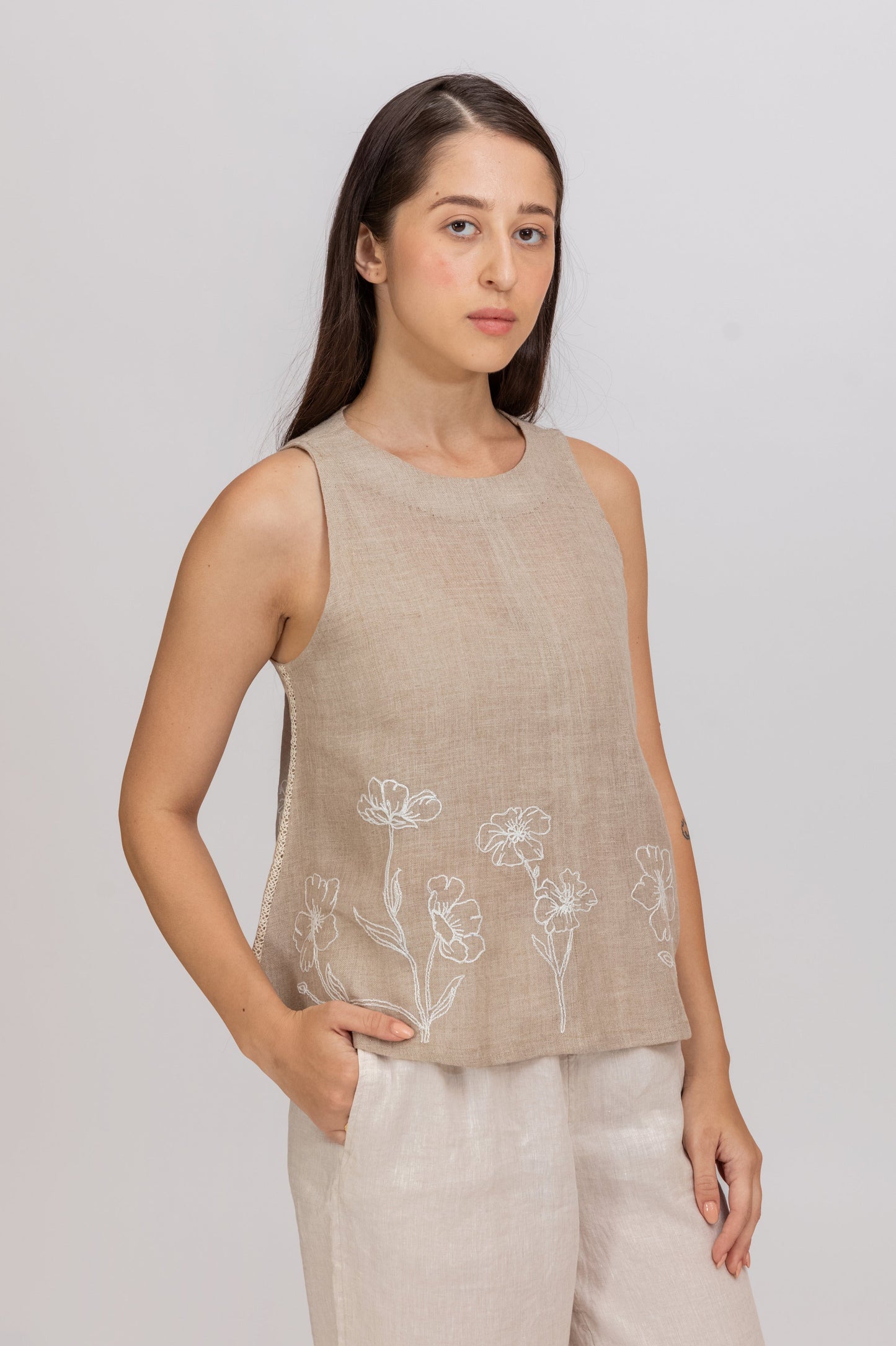 EMBROIDERED 100% PURE RAW UNBLEACHED LINEN TOP