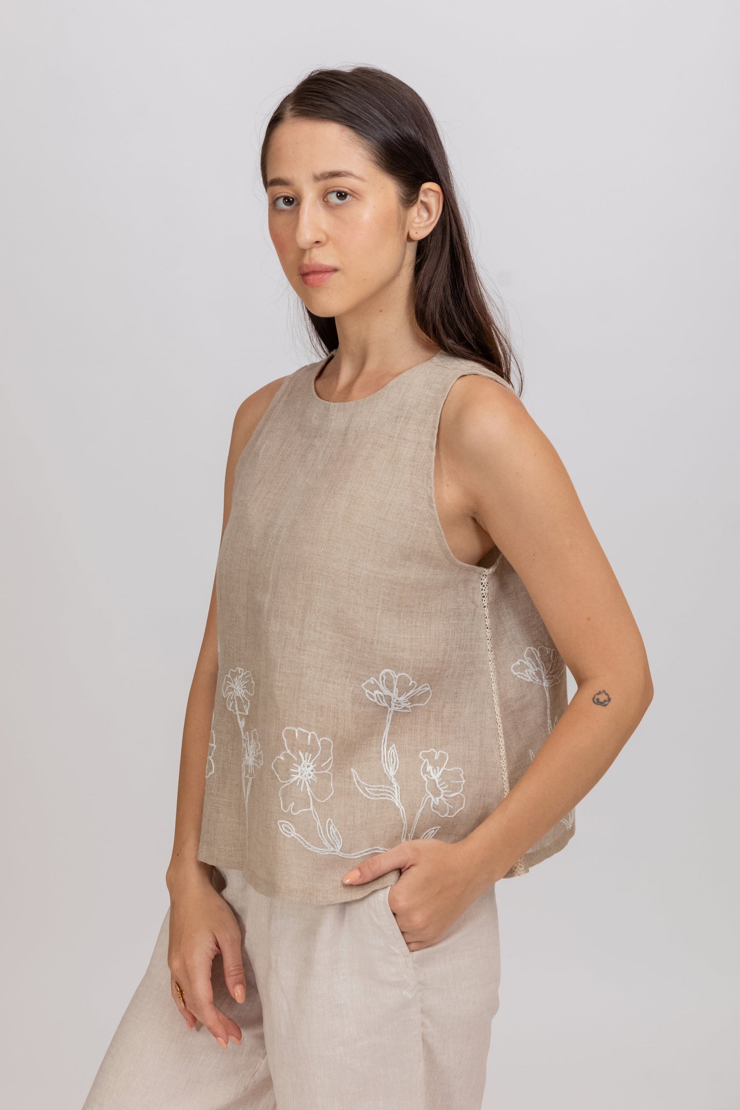 EMBROIDERED 100% PURE RAW UNBLEACHED LINEN TOP