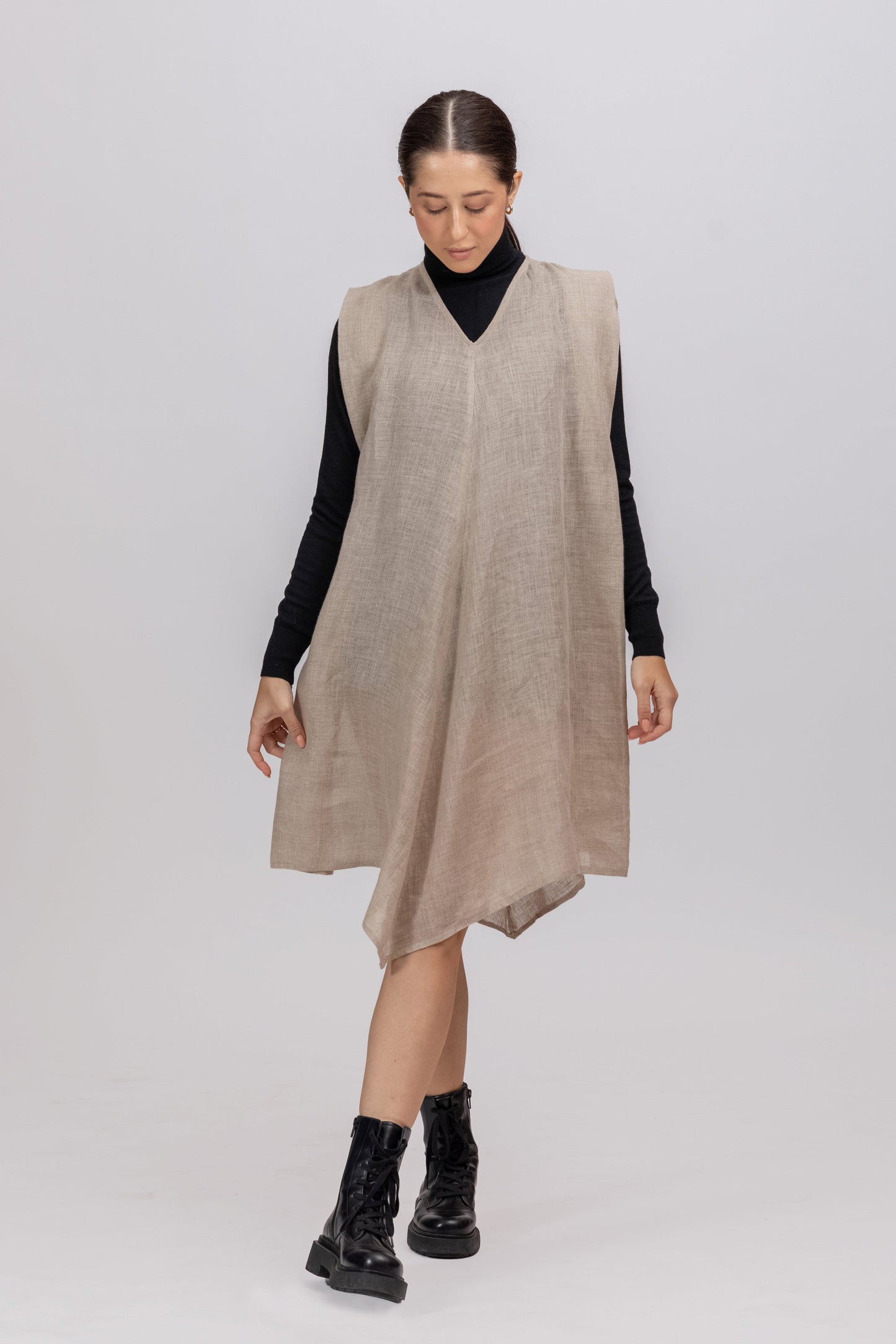 SHOULDER PLEAT PURE NATURAL COLOR RAW LINEN ANTIFIT DRESS