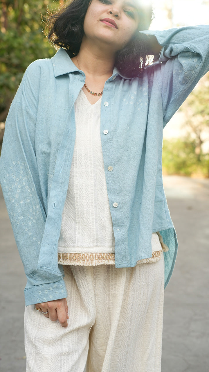 POWDER BLUE FLORAL MOTIF BANDHANI SHIRT