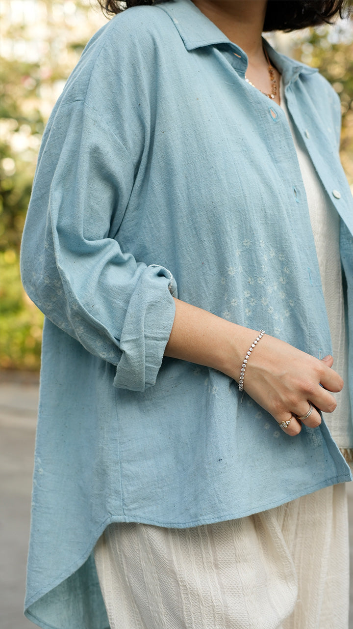POWDER BLUE FLORAL MOTIF BANDHANI SHIRT