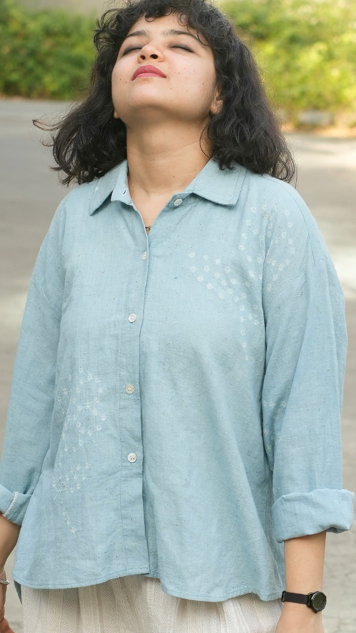 POWDER BLUE FLORAL MOTIF BANDHANI SHIRT