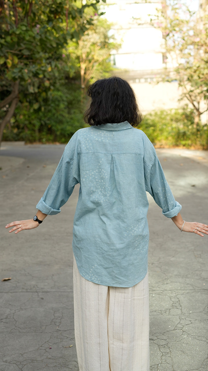 POWDER BLUE FLORAL MOTIF BANDHANI SHIRT