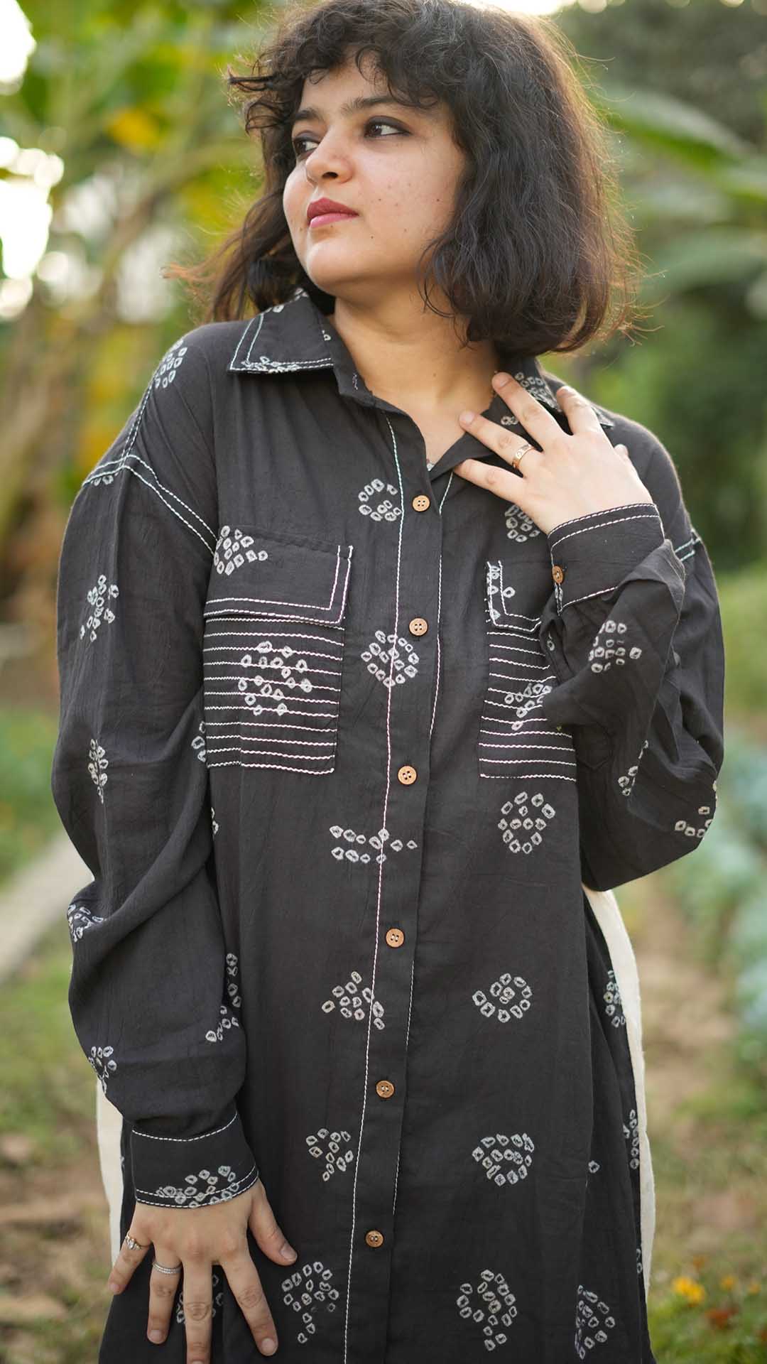 GROWTH MOTIF BLACK BANDHANI DRESS