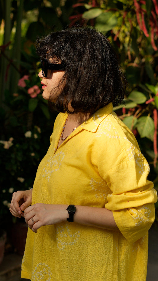 YELLOW BANDHANI BIRD MOTIF SHORT KURTA