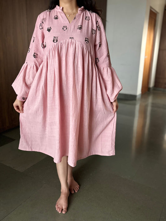 PEACH HAND BLOCK PRINTED ANTIFIT GATHER DRESS