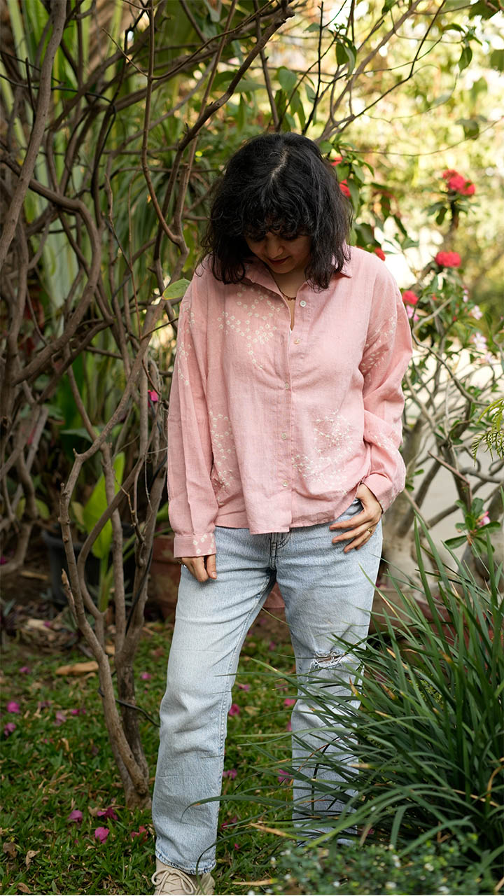 PEACH FLOWER MOTIF BANDHANI SHIRT