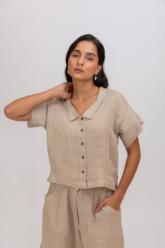 BREEZY 100% PURE RAW LINEN ABSTRACT CUT SHIRT