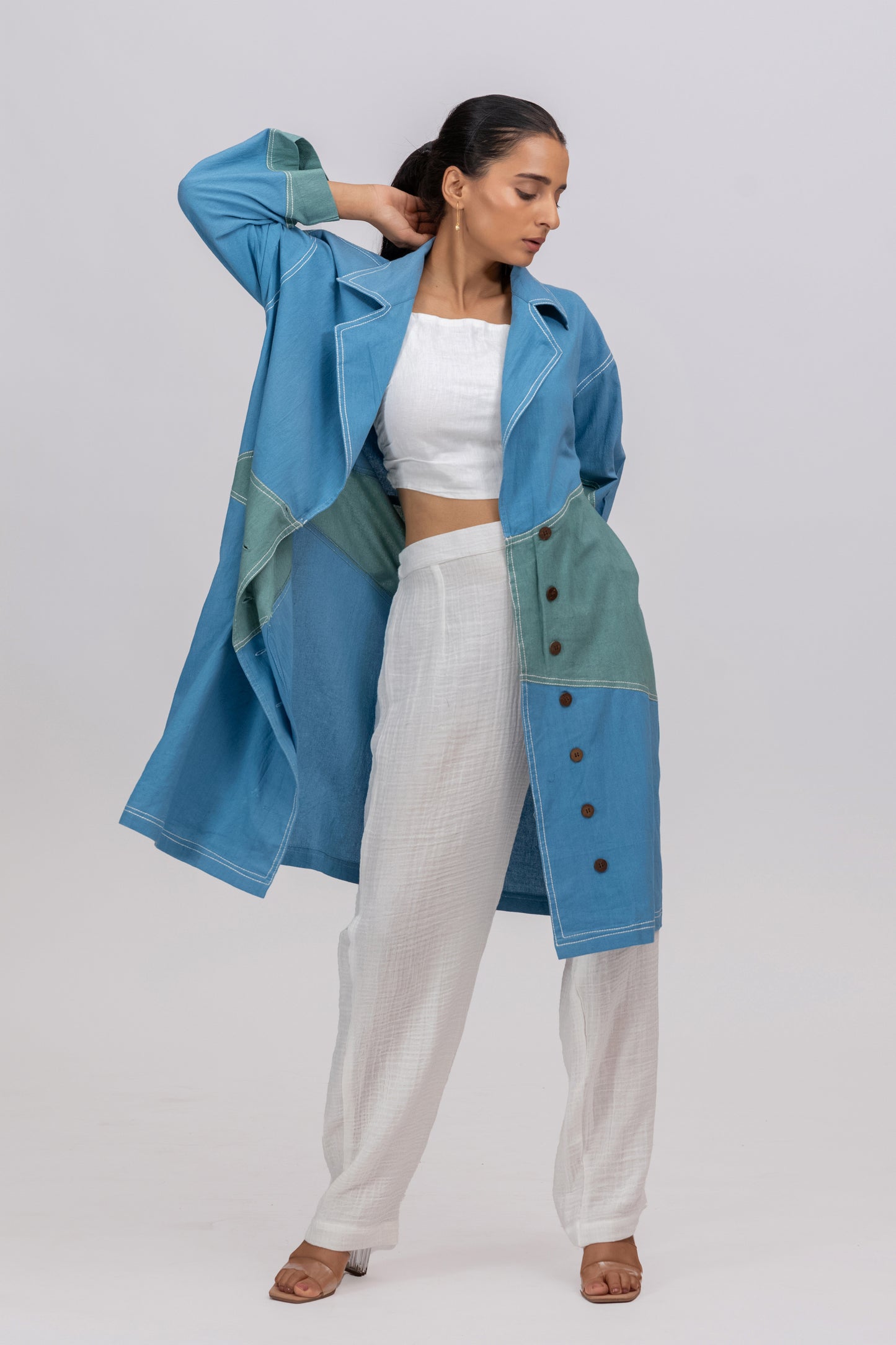 BLUE GREEN NATURAL DYED OVERCOAT IN KALA COTTON