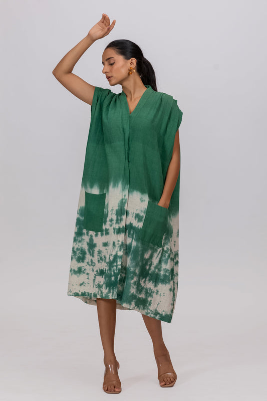 GREEN SHOULDER PLEAT MAXI DRESS IN KALA COTTON