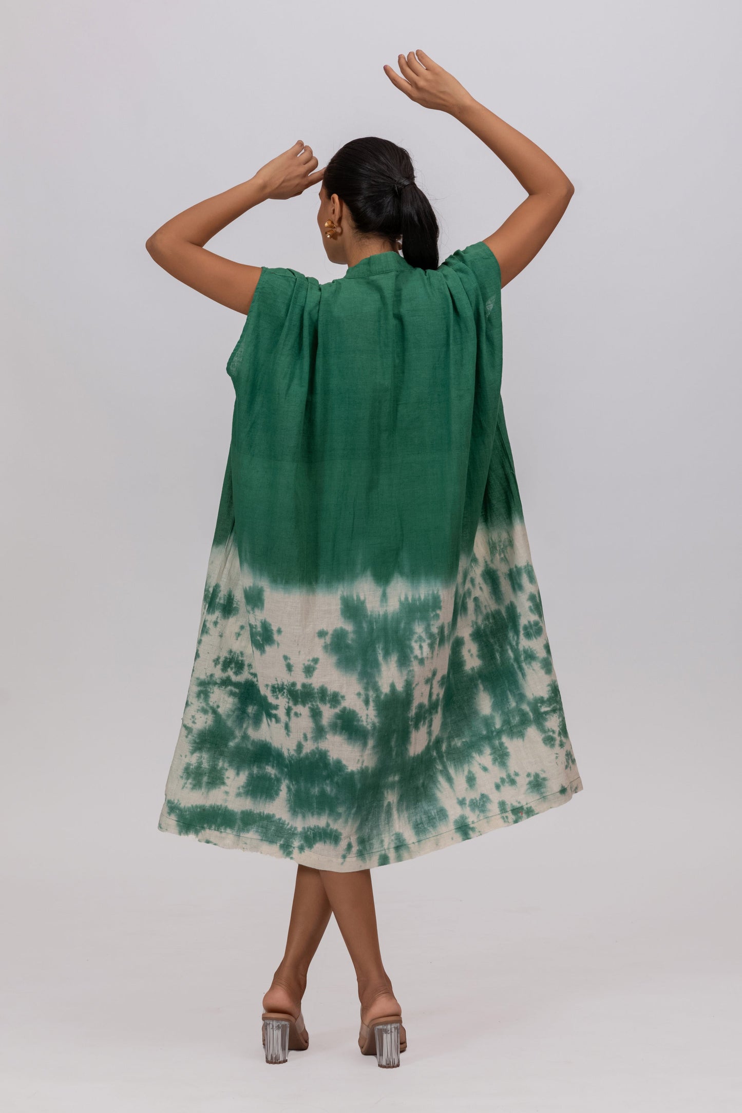 GREEN SHOULDER PLEAT MAXI DRESS IN KALA COTTON