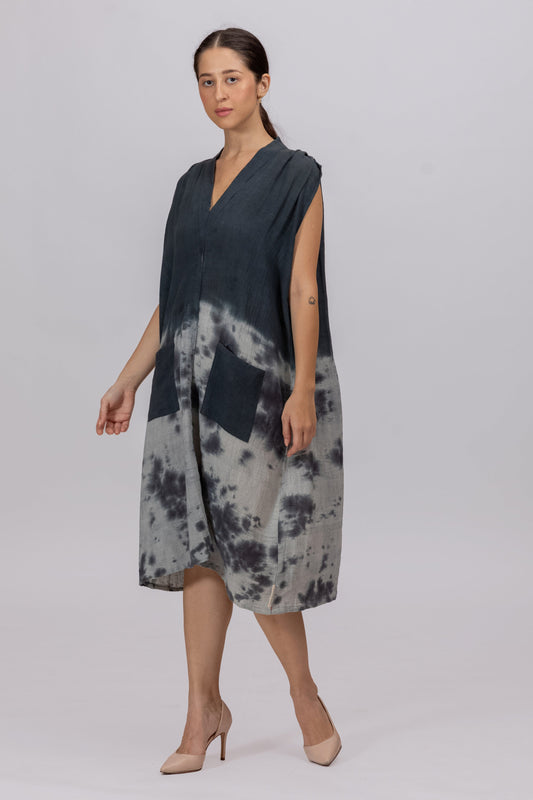 CHARCOAL GREY SHOULDER PLEAT MAXI DRESS IN KALA COTTON