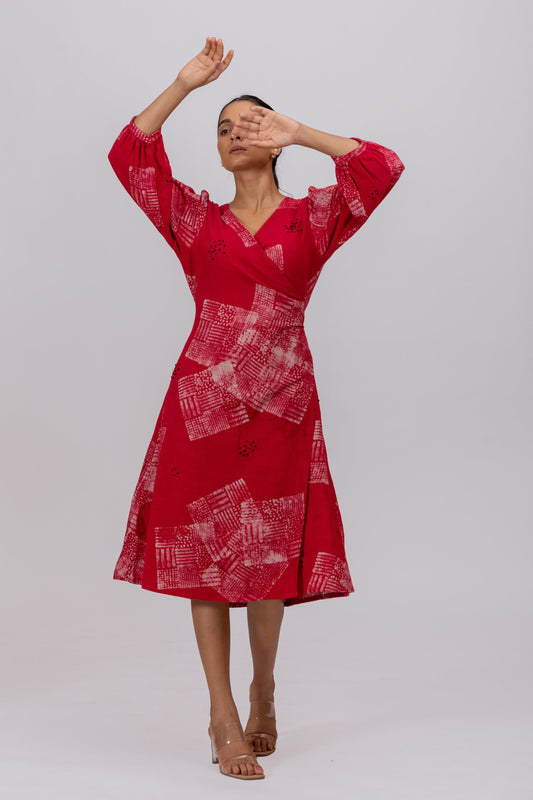 RED NATURALLY DYED BATIK PRINT WRAP AROUND DRESS