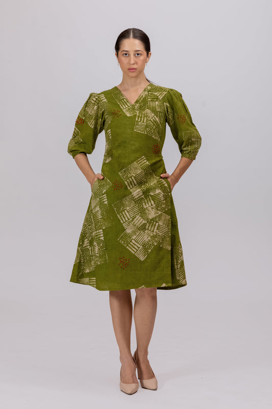 GREEN NATURALLY DYED BATIK PRINT AROUND DRESS