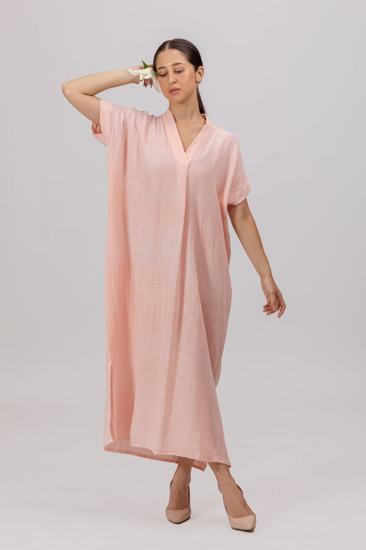 CHAMPAGNE PEACH GOTS-CERTIFIED WRINKLE COTTON MAXI DRESS