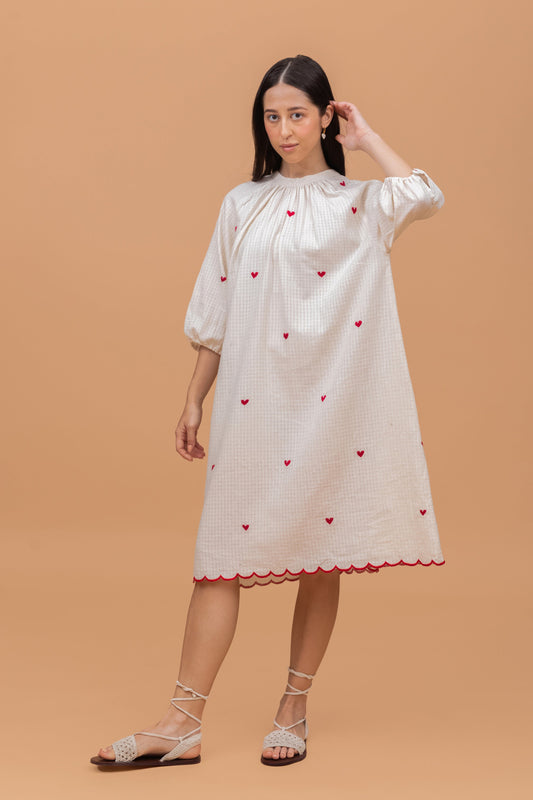 HEART EMBROIDERED KHADI DRESS