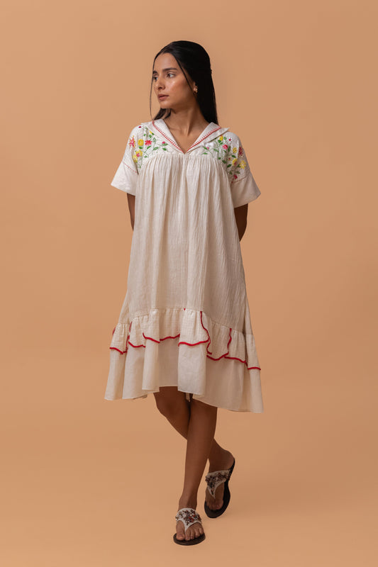 FLOWEBED EMBROIDRED YOKE GATHER COTTON DRESS WITH PETAL FRILLS