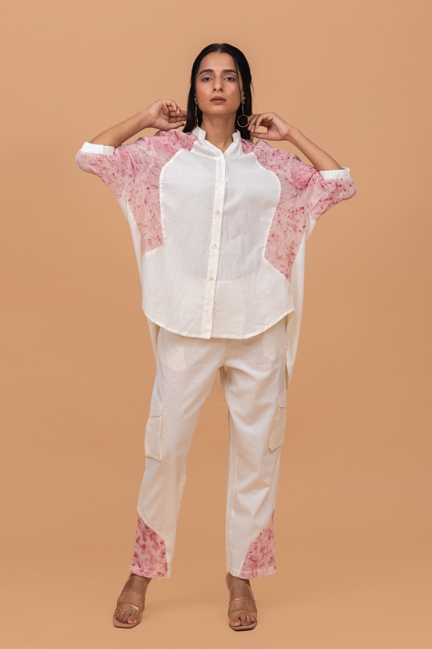 MESH ECOPRINT ANTIFIT COTTON KHADI OFF WHITE PANT WITH PINK PRINT
