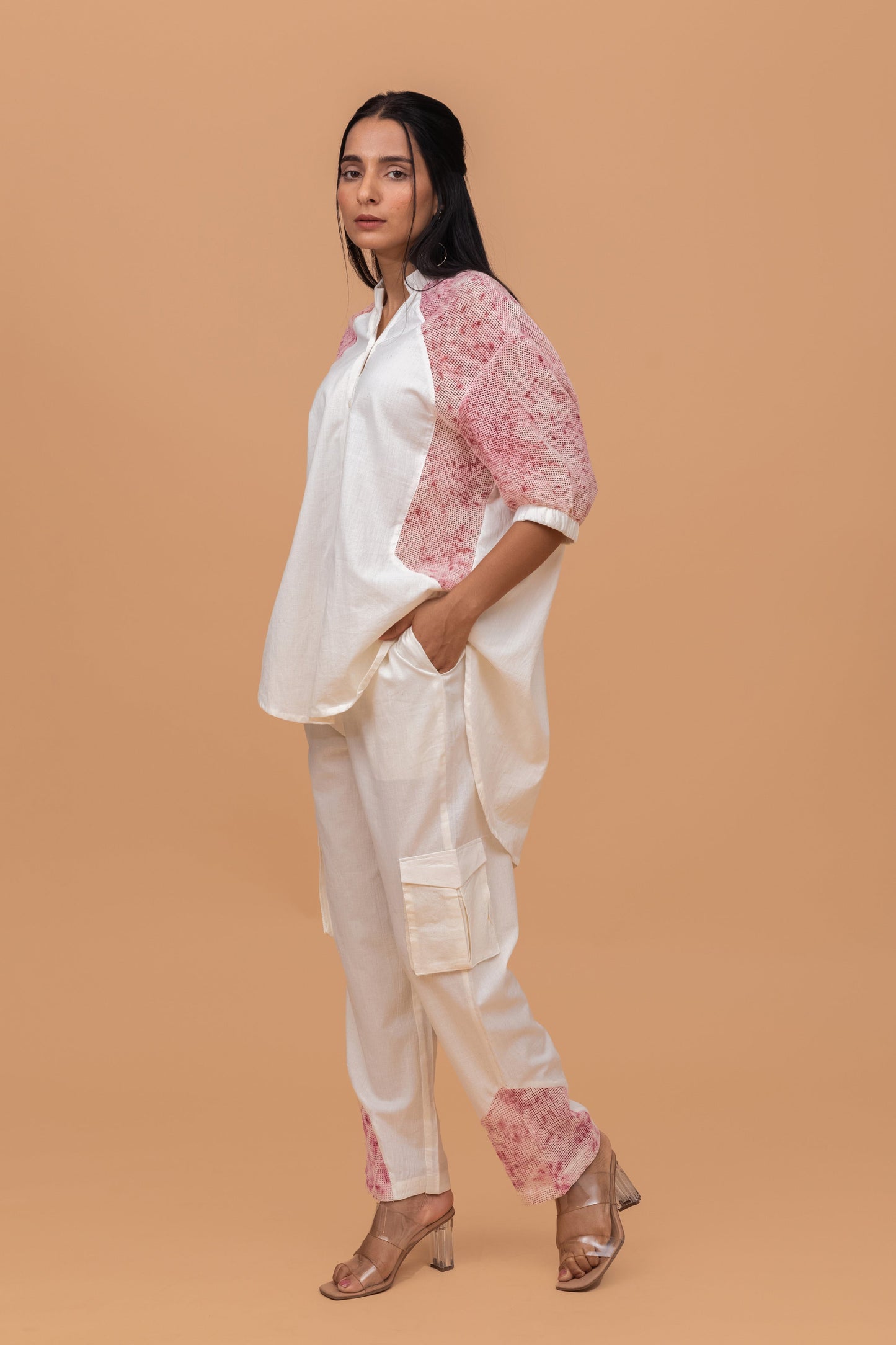 MESH ECOPRINT ANTIFIT COTTON KHADI OFF WHITE PANT WITH PINK PRINT