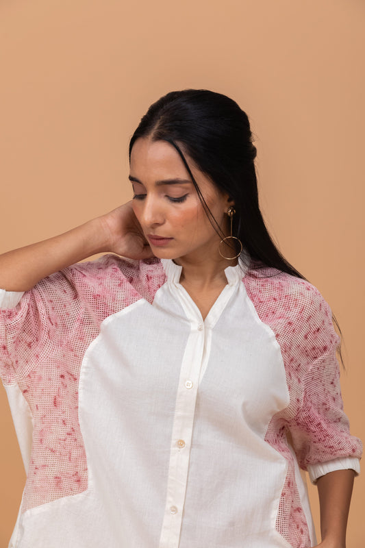 MESH ECOPRINT ANTIFIT COTTON KHADI OFF WHITE SHIRT WITH PINK PRINT
