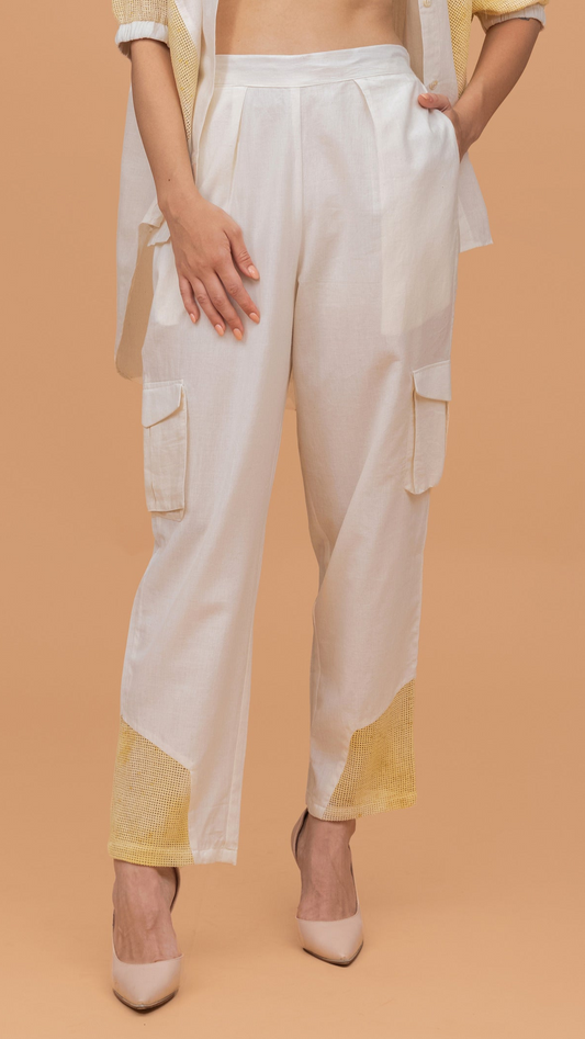 MESH ECOPRINT ANTIFIT COTTON KHADI OFF WHITE PANT WITH YELLOW PRINT