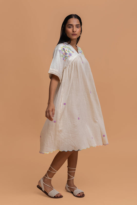 DAINTY LILAC EMBROIDERED GATHER DRESS WITH RAINBOW BORDER