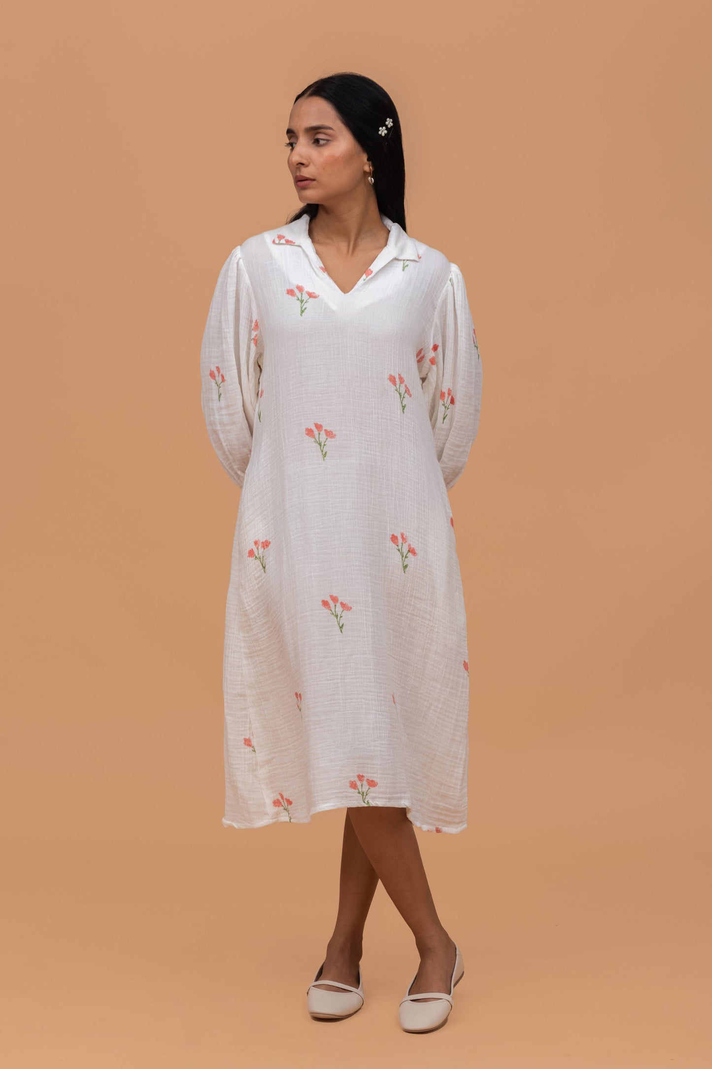 HAND BLOCK PRINTED GOTS-CERTIFIED WRINKLE COTTON A-LINE DRESS