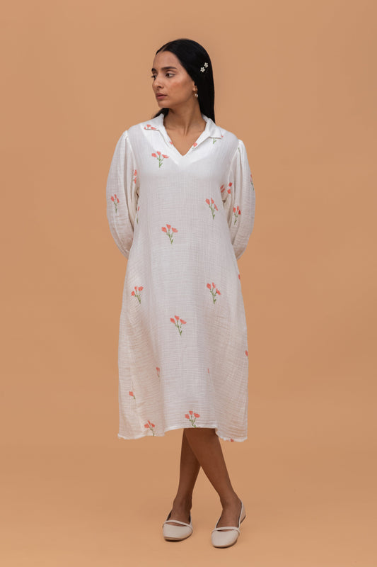 HAND BLOCK PRINTED GOTS-CERTIFIED WRINKLE COTTON A-LINE DRESS