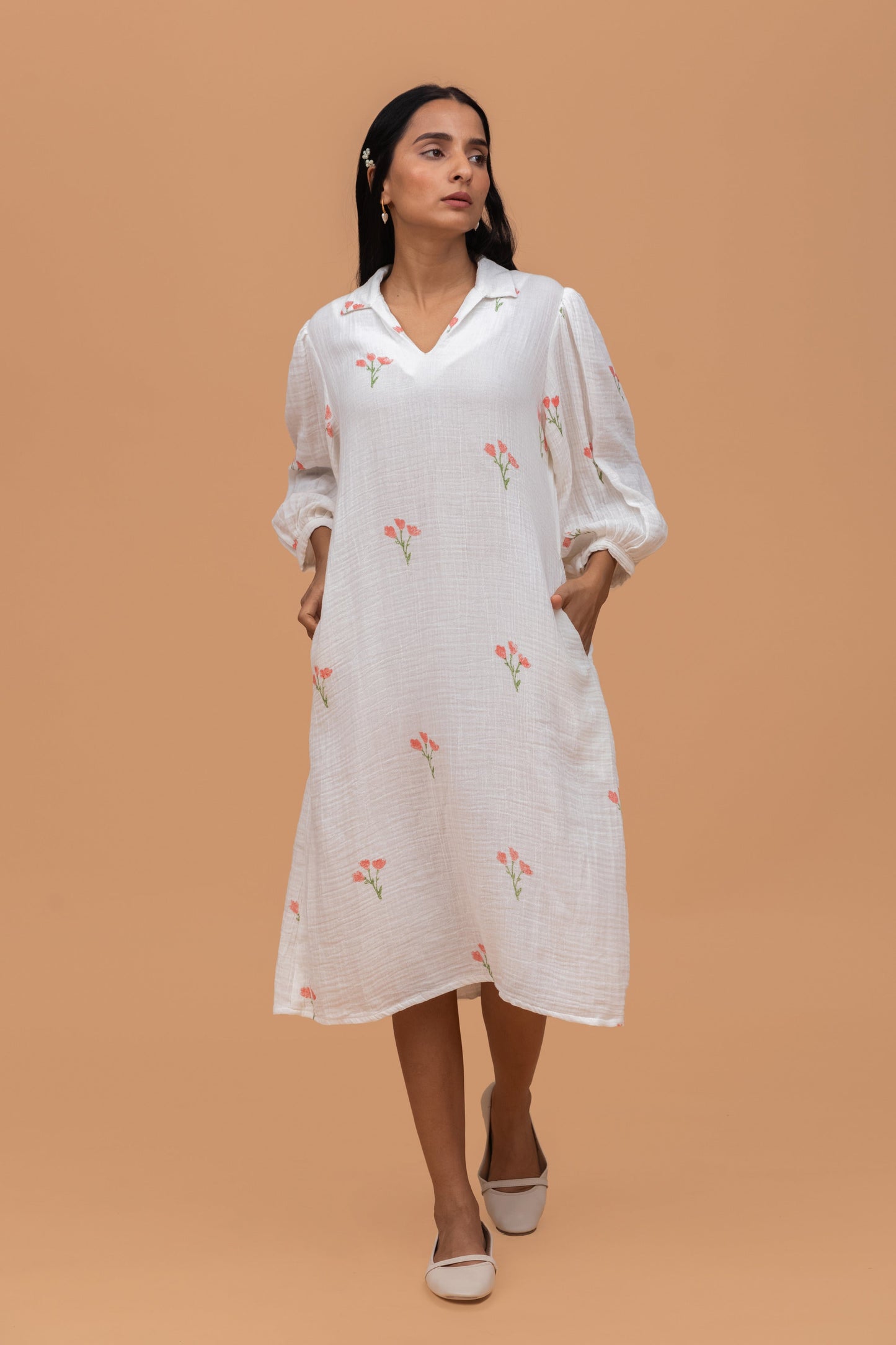 HAND BLOCK PRINTED GOTS-CERTIFIED WRINKLE COTTON A-LINE DRESS