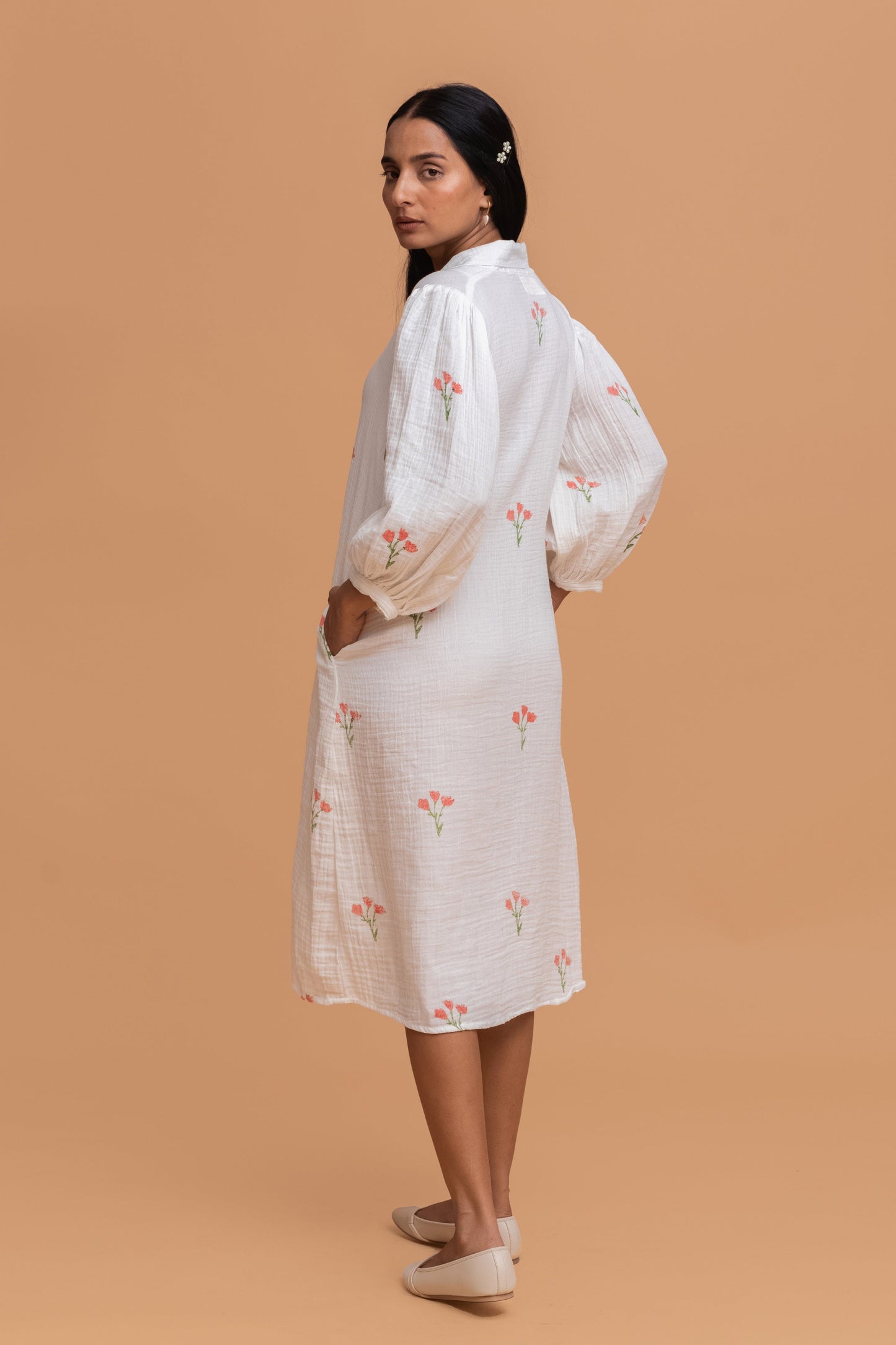 HAND BLOCK PRINTED GOTS-CERTIFIED WRINKLE COTTON A-LINE DRESS