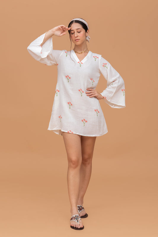 HAND BLOCK PRINTED GOTS-CERTIFIED WRINKLE COTTON SHORT DRESS