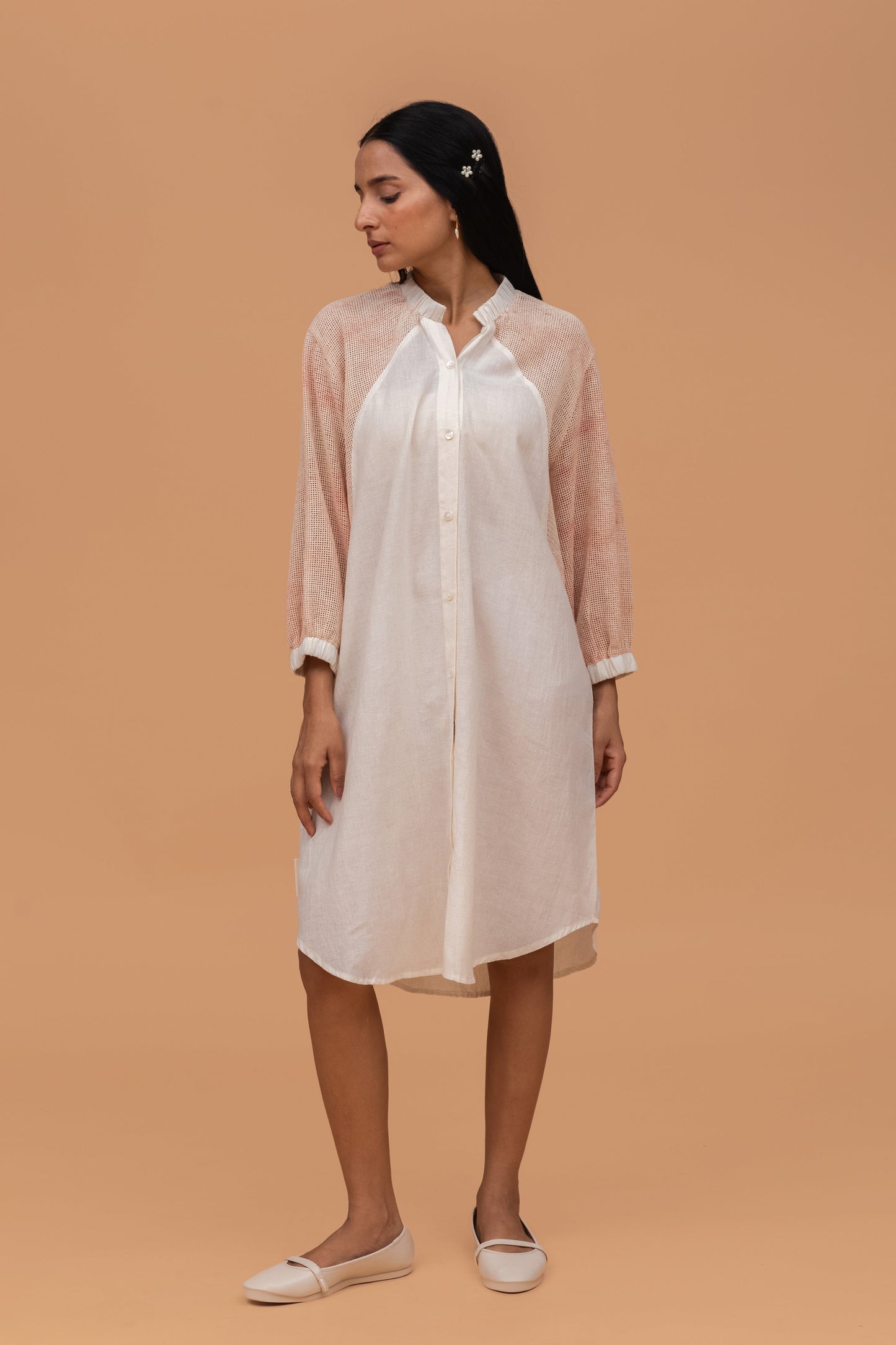 MESH ECOPRINTED WITH HERB KORA KALA COTTON ANTIFIT SHIRT DRESS