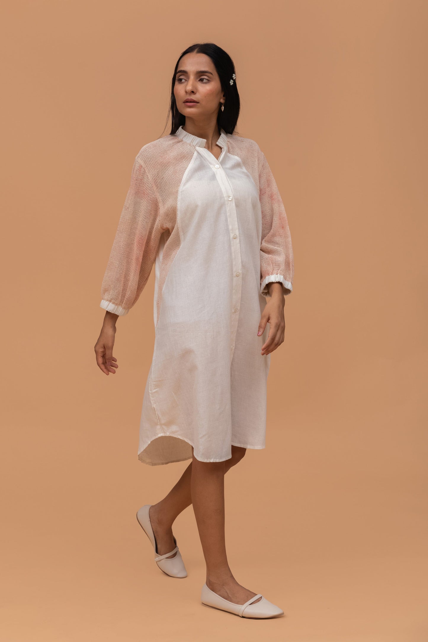 MESH ECOPRINTED WITH HERB KORA KALA COTTON ANTIFIT SHIRT DRESS