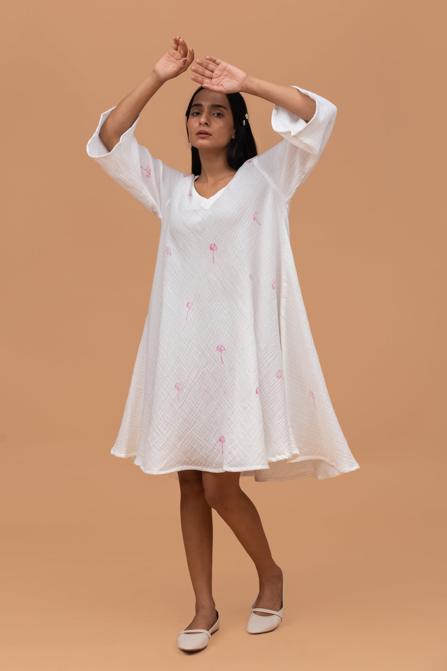 HAND BLOCK PRINTED GOTS-CERTIFIED WRINKLE COTTON FLARE DRESS