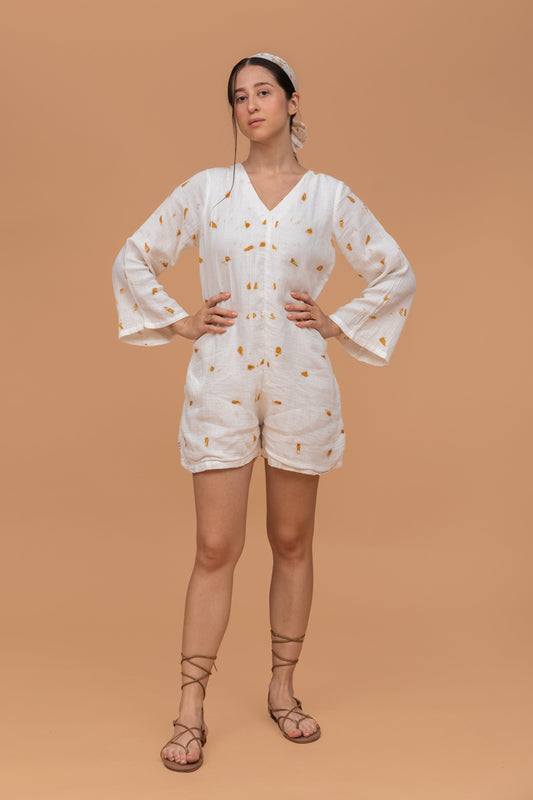 MARIGOLD ECOPRINTED GOTS-CERTIFIED WRINKLE COTTON SHORT JUMPSUIT