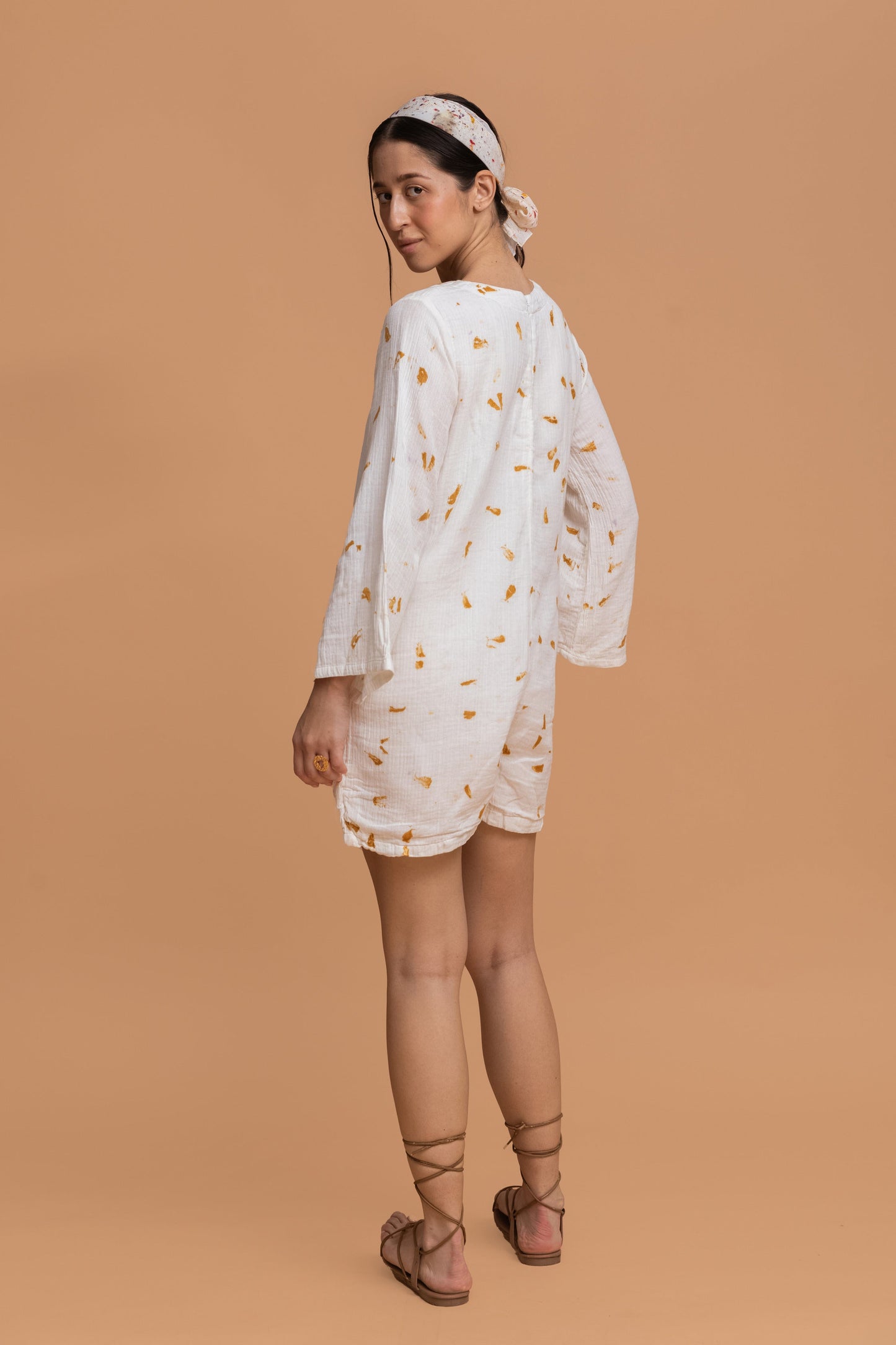 MARIGOLD ECOPRINTED GOTS-CERTIFIED WRINKLE COTTON SHORT JUMPSUIT