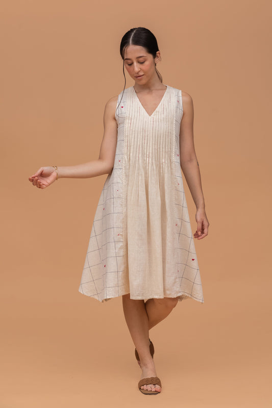 INDIGO DYED CHECKS KALA COTTON LIGHT EMBROIDERED OFF WHITE KURTI
