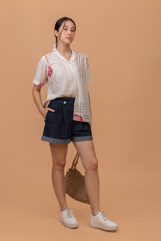 ABSTRACT PRINT NATURAL PIGMENT CUBAN COLLAR KHADI SHIRT