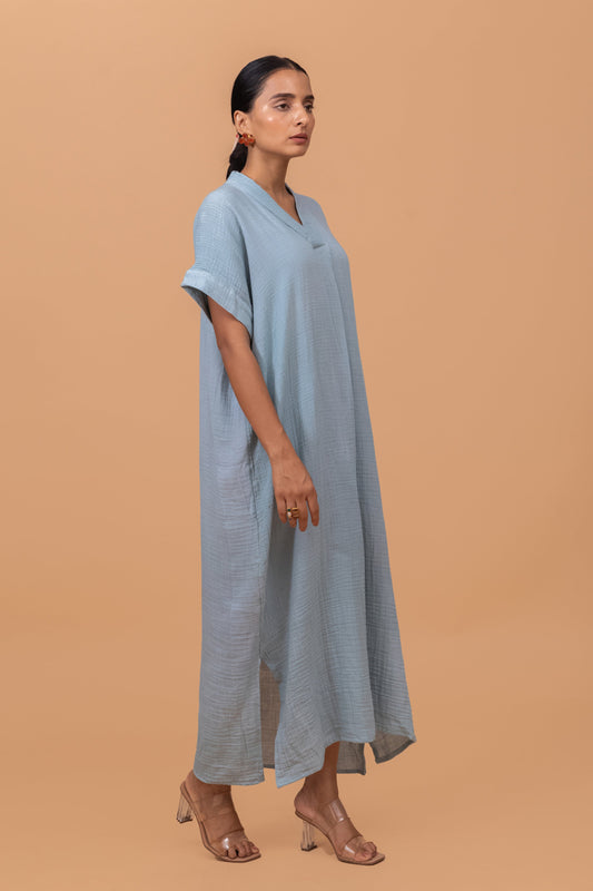 POWDER BLUE GOTS-CERTIFIED WRINKLE COTTON MAXI DRESS