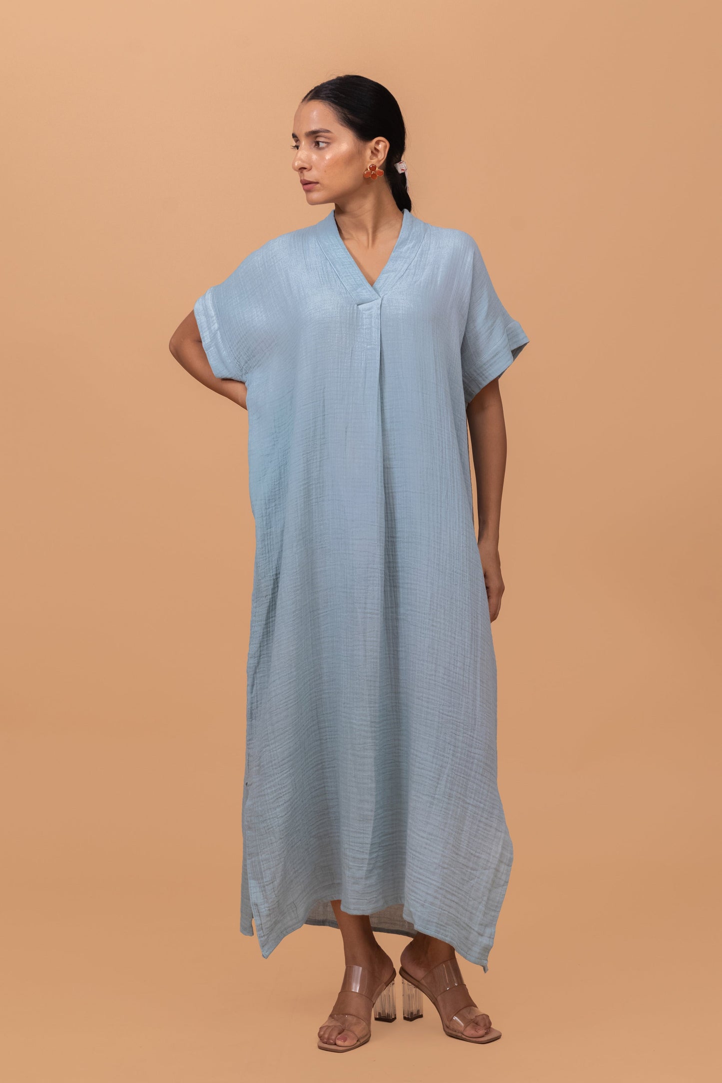POWDER BLUE GOTS-CERTIFIED WRINKLE COTTON MAXI DRESS