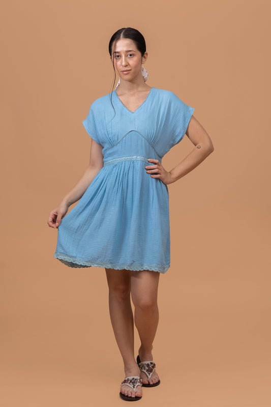 OCEAN BLUE GOTS-CERTIFIED WRINKLE COTTON SUMMER FROCK
