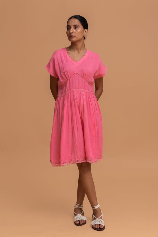 FLAMINGO PINK GOTS-CERTIFIED WRINKLE COTTON SUMMER FROCK