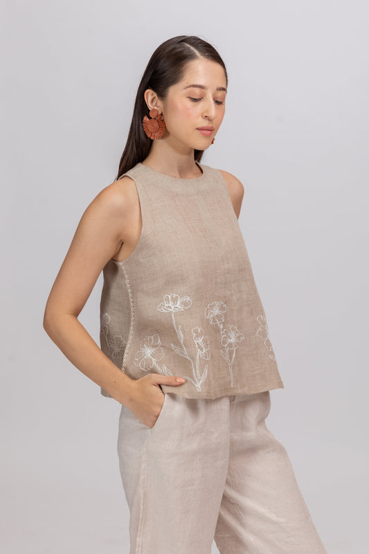 EMBROIDERED 100% PURE RAW UNBLEACHED LINEN TOP