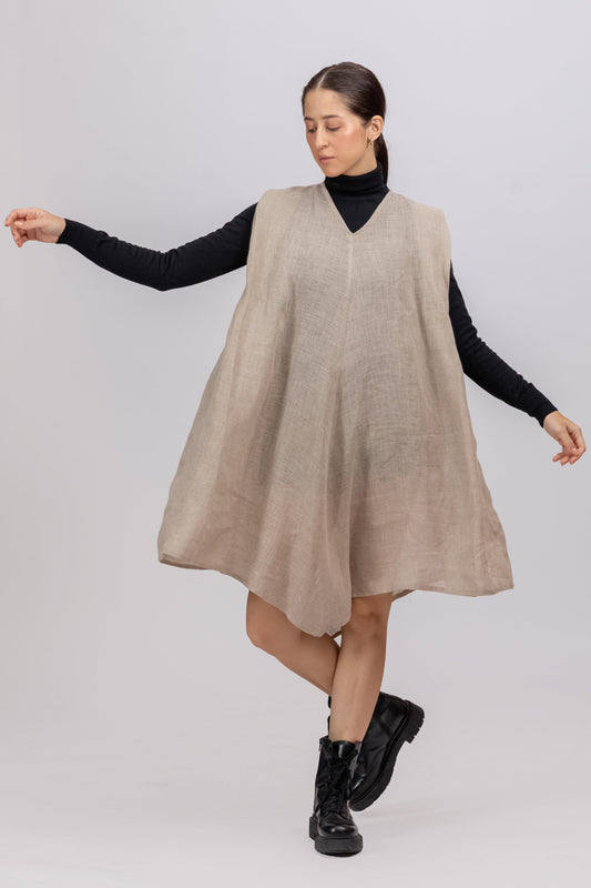 SHOULDER PLEAT PURE NATURAL COLOR RAW LINEN ANTIFIT DRESS