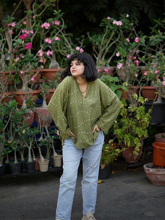 GREEN BANDHANI WAVES SHORT KURTA