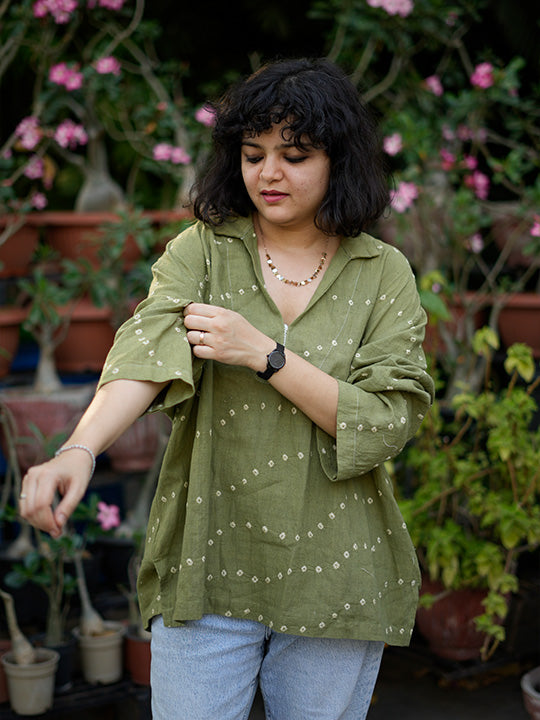 GREEN BANDHANI WAVES SHORT KURTA