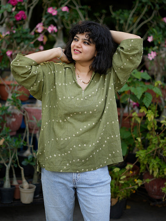GREEN BANDHANI WAVES SHORT KURTA